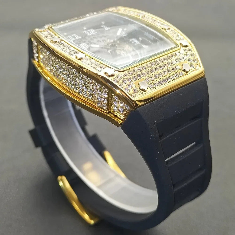 Luxury Tonneau Hollow Men's Watch | Gold Iced Out Watch with Rubber Strap | Unique Classic Waterproof Male Clock | Caratix - CaratixJewelry