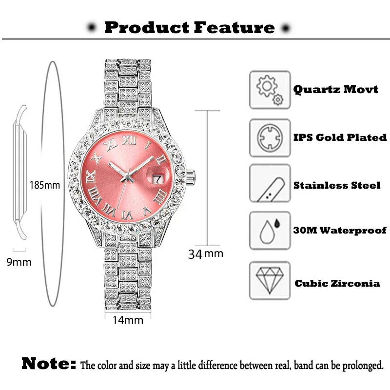 Small Pink Watch for Women | Elegant Iced Out Mini Dial Dress Watch | Luxury Calendar Ladies Wristwatch | Geschenk Frauen | Caratix - CaratixJewelry
