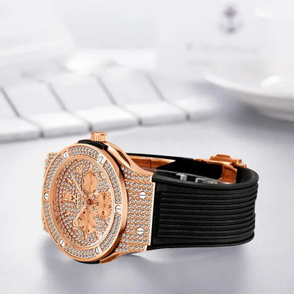Luxury Rose Gold Men's Iced Out Watch | Quartz Wristwatch with Rubber Strap | Waterproof Silicone Reloj Gift | Caratix - CaratixJewelry