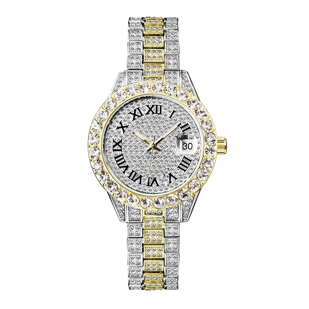 Small Pink Watch for Women | Elegant Iced Out Mini Dial Dress Watch | Luxury Calendar Ladies Wristwatch | Geschenk Frauen | Caratix - CaratixJewelry