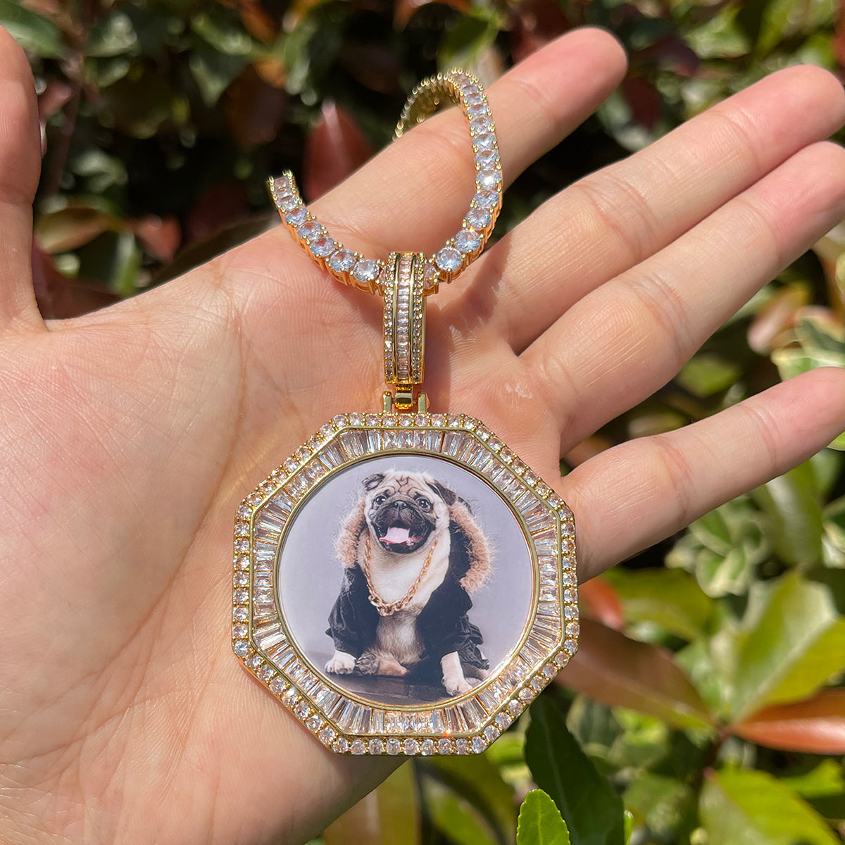 Stones and Baguette Octagon Custom Photo Picture Pendant Necklace 