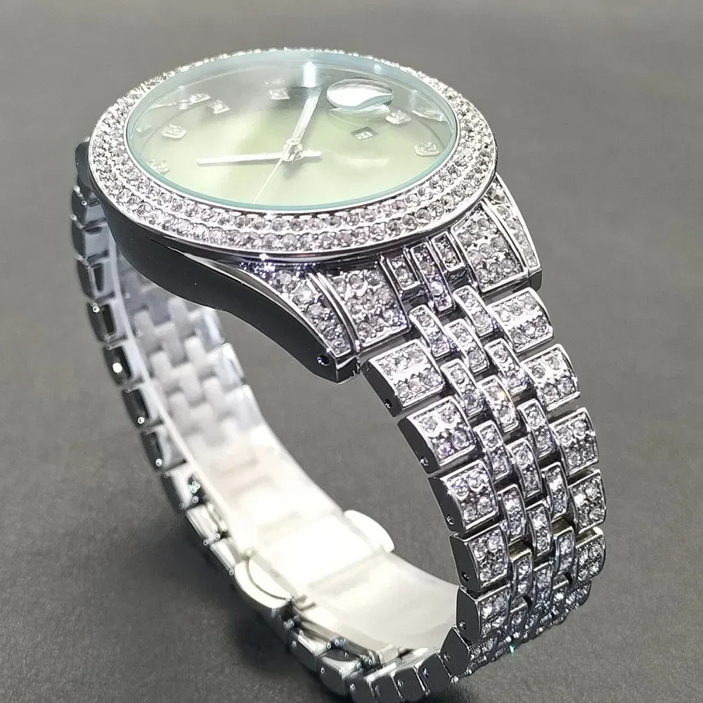 Luxury Men's Green Dial Stainless Steel Watch | Shockproof Waterproof Quartz Clock | Classic Calendar Iced Out Watch | Caratix - CaratixJewelry