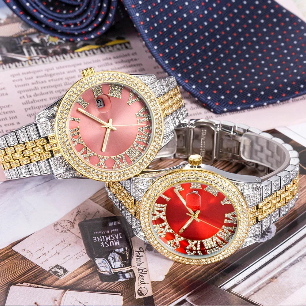 Luxury 18K Gold Men's Iced Out Watch | Full Stainless Steel Wristwatch | Luminous Waterproof Calendar Clock | Caratix - CaratixJewelry
