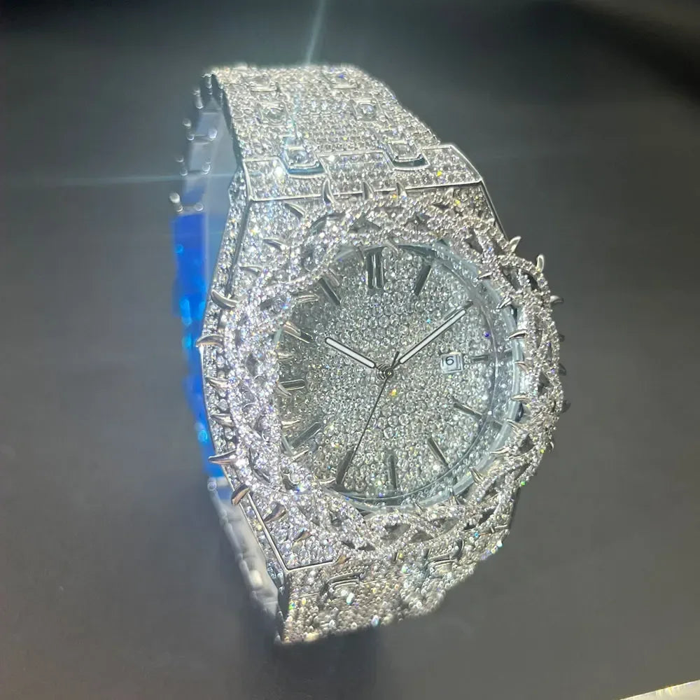 Cool Black Iced Out Watch for Men | Luxury Thorn Crown Quartz Watch | Hip Hop Wristwatch | Man Dropshipping | Caratix - CaratixJewelry