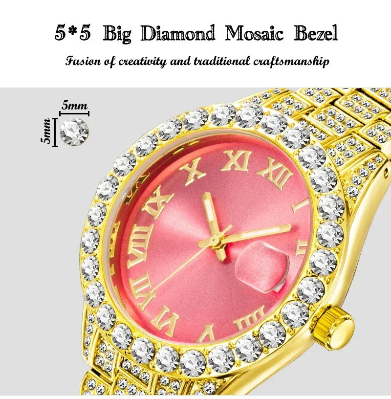 Small Pink Watch for Women | Elegant Iced Out Mini Dial Dress Watch | Luxury Calendar Ladies Wristwatch | Geschenk Frauen | Caratix - CaratixJewelry