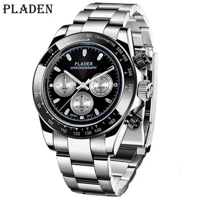 Luxury Three-Eye Men's Watch | Blue Dial Full Stainless Steel Iced Out Watch | Multifunctional Waterproof Quartz Clock | Caratix - CaratixJewelry