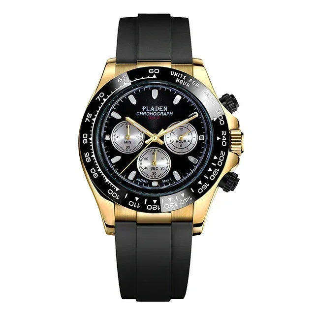 Luxury Three-Eye Men's Watch | Blue Dial Full Stainless Steel Iced Out Watch | Multifunctional Waterproof Quartz Clock | Caratix - CaratixJewelry