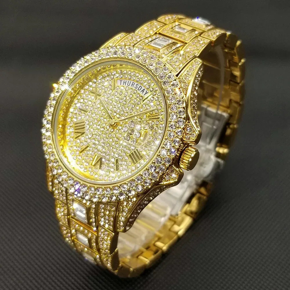 Luxury Day Date Iced Out Watch for Men | Hip Hop Rap Singer Wristwatch | West Coast Street Style Bling Jewelry Clock | Quartz Watch | Caratix - CaratixJewelry