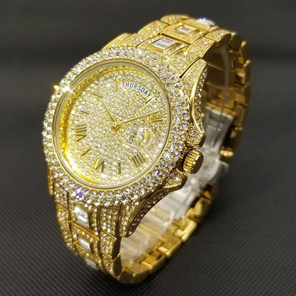 Luxury Day Date Iced Out Watch for Men | Hip Hop Rap Singer Wristwatch | West Coast Street Style Bling Jewelry Clock | Quartz Watch | Caratix - CaratixJewelry