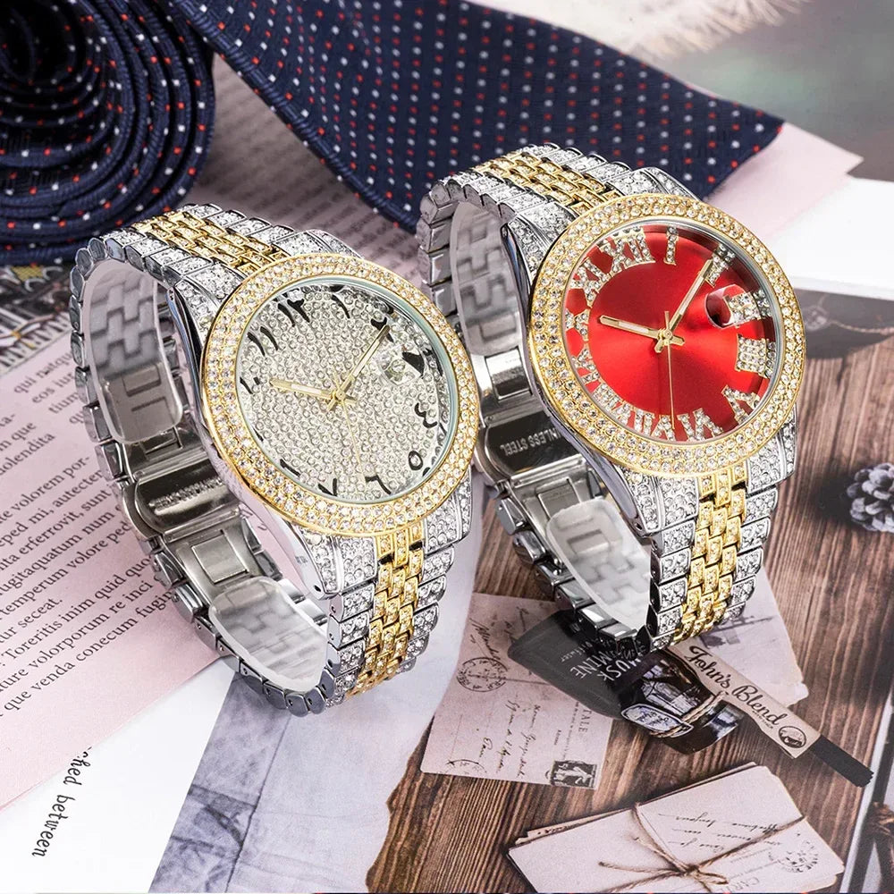 Luxury 18K Gold Men's Iced Out Watch | Full Stainless Steel Wristwatch | Luminous Waterproof Calendar Clock | Caratix - CaratixJewelry