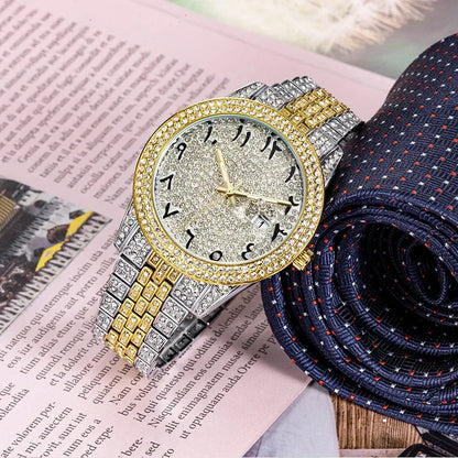 Luxury 18K Gold Men's Iced Out Watch | Full Stainless Steel Wristwatch | Luminous Waterproof Calendar Clock | Caratix - CaratixJewelry