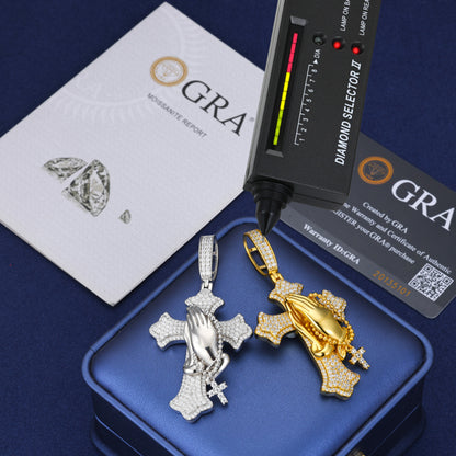 The Power of Prayer Solid 925 Silver Prayer Hands Cross Pendant – Moissanite Diamond Hip Hop Jewelry