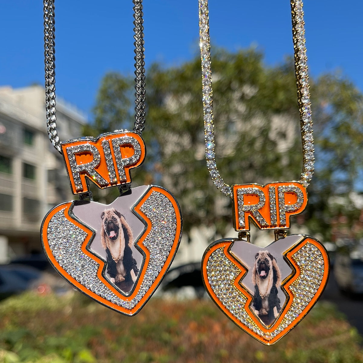 Broken Heart RIP Glow-in-the-Dark Custom Photo Pendant Necklace – Iced Out Hip Hop Jewelry