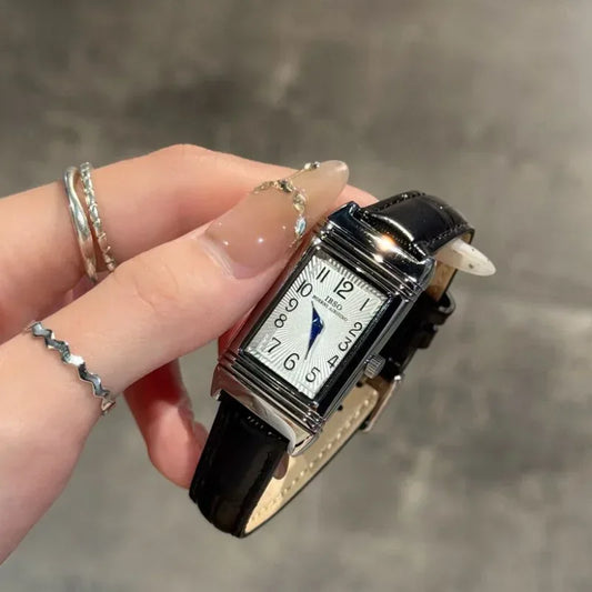 Luxury Reversible Case Women's Square Watch | 21*36mm Silver Niche Design Iced Out Watch | Retro Leather Strap Quartz Timepiece | Caratix - CaratixJewelry