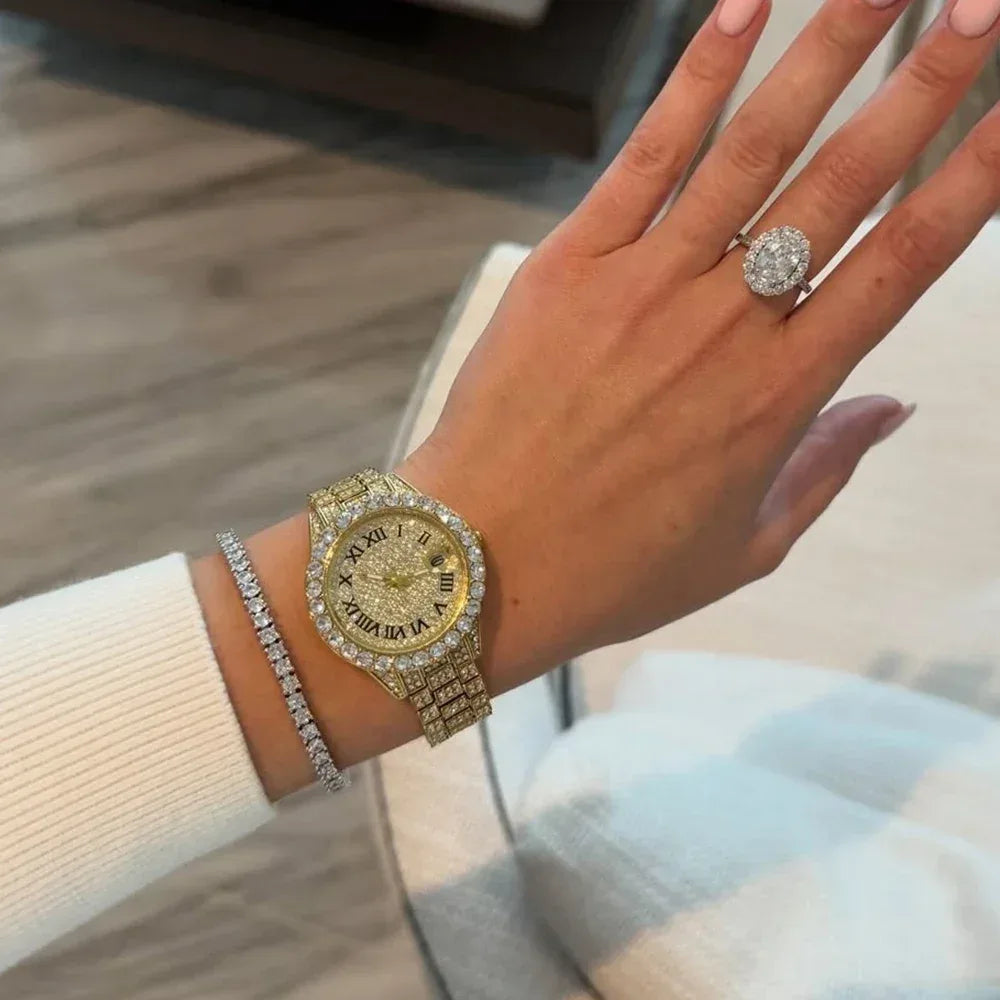 Small Pink Watch for Women | Elegant Iced Out Mini Dial Dress Watch | Luxury Calendar Ladies Wristwatch | Geschenk Frauen | Caratix - CaratixJewelry