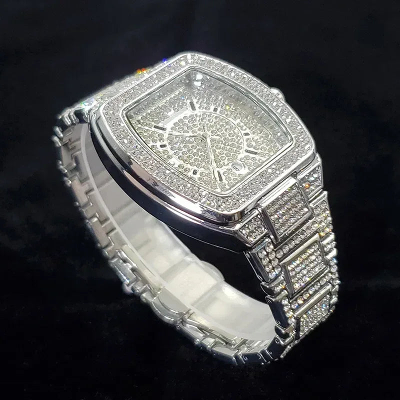 Luxury Silver Tonneau Watch for Men | Bling Bling Hip Hop Iced Out Watch | 2026 Fashion Quartz Wristwatch | Relogio Masculino Hot Sale | Caratix - CaratixJewelry
