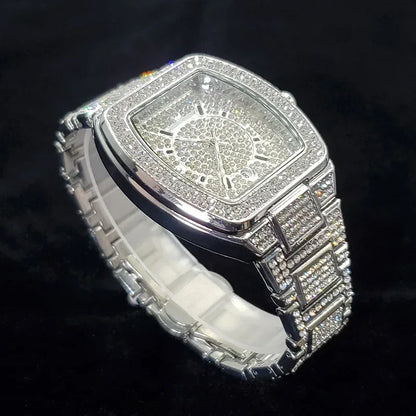 Luxury Silver Tonneau Watch for Men | Bling Bling Hip Hop Iced Out Watch | 2026 Fashion Quartz Wristwatch | Relogio Masculino Hot Sale | Caratix - CaratixJewelry