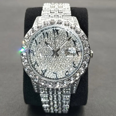 Luxury Silver Stainless Steel Men's Watch | Auto Date Quartz Wristwatch | Luminous Iced Out Watch | Reloj Hombre | Caratix - CaratixJewelry