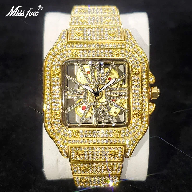 Luxury Men's Square Skeleton Watch | Iced Out Watch Stainless Steel Bracelet | Business Casual Quartz Wristwatch | Man Fashion Clock | Caratix - CaratixJewelry