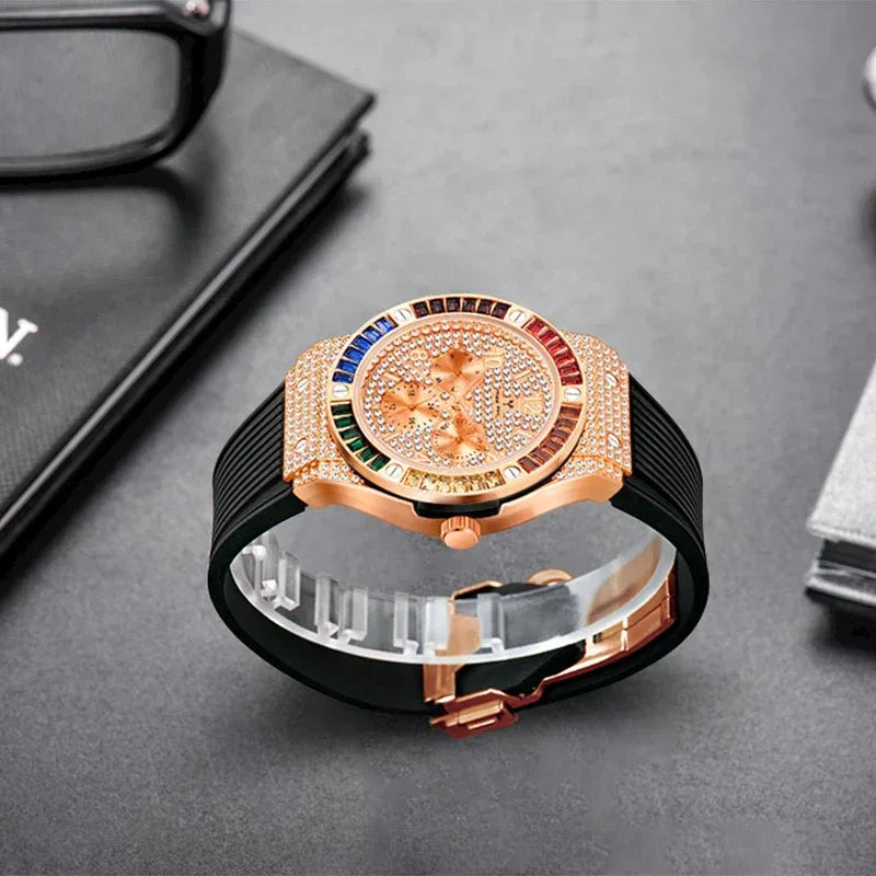 Luxury Rose Gold Men's Iced Out Watch | Quartz Wristwatch with Rubber Strap | Waterproof Silicone Reloj Gift | Caratix - CaratixJewelry