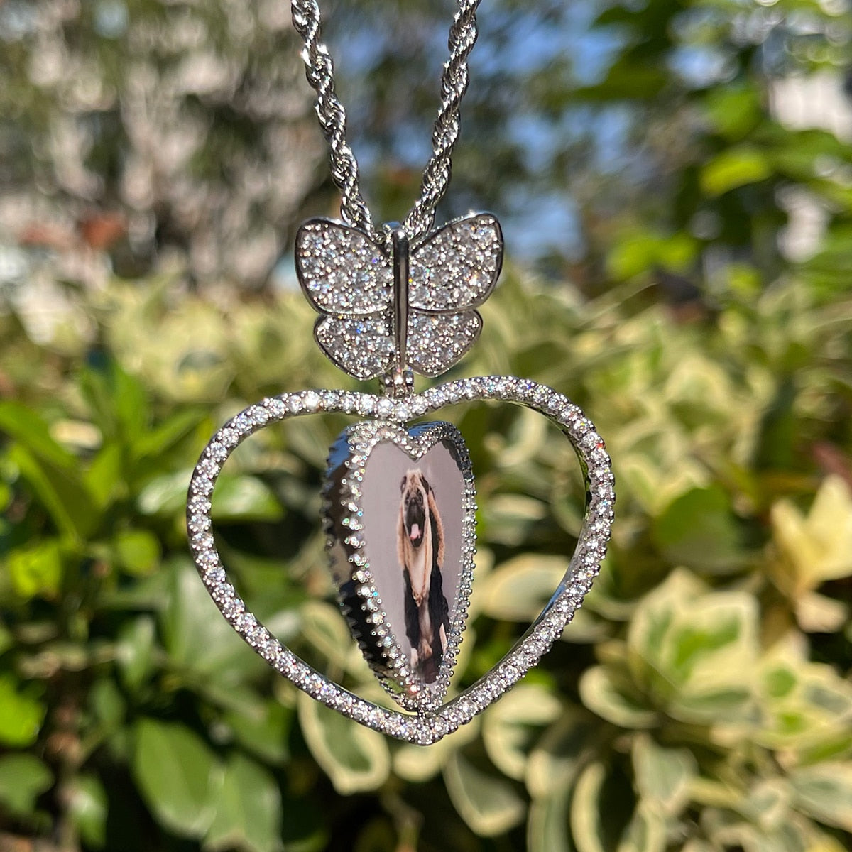 Halskette mit Anhänger mit Schmetterlings-Anhänger und drehbarem Herz, individuelles Fotobild