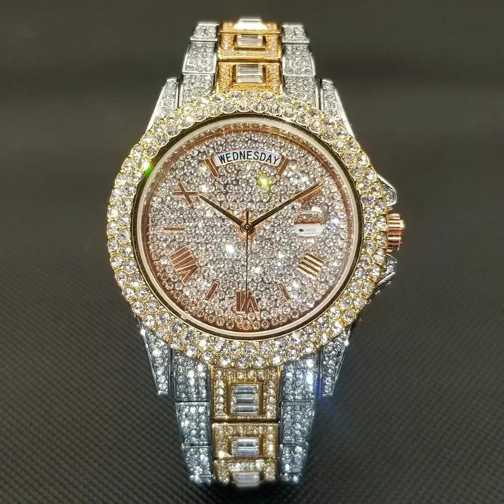 Luxury Day Date Iced Out Watch for Men | Hip Hop Rap Singer Wristwatch | West Coast Street Style Bling Jewelry Clock | Quartz Watch | Caratix - CaratixJewelry
