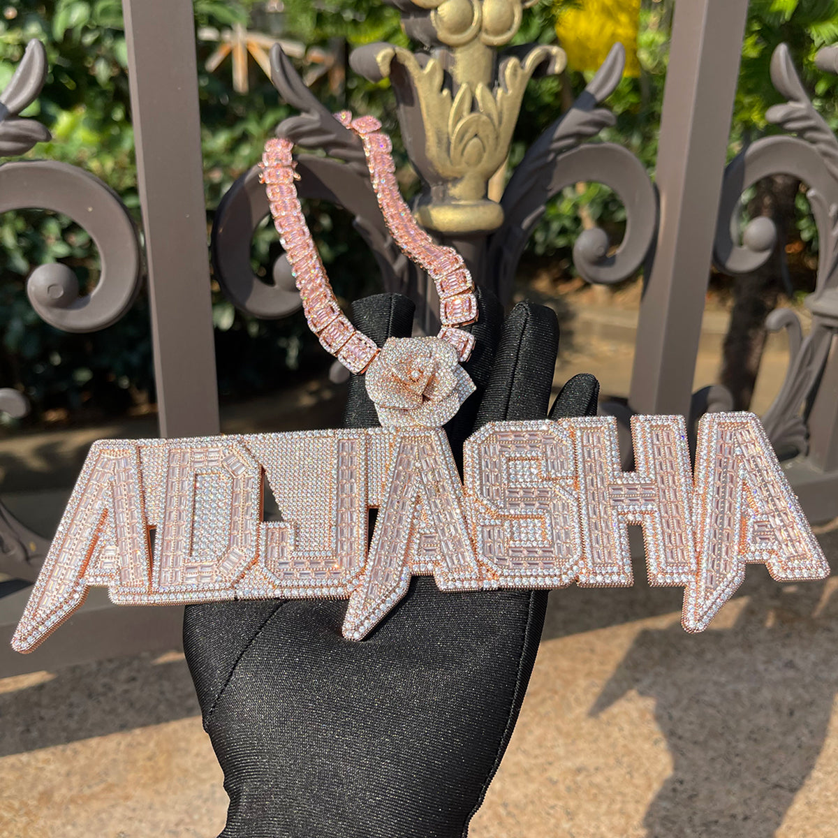 Rising Rose Edition Iced Out Personalized Custom Name Necklace Pendant with Rose Flower Bail - Luxury Jewelry