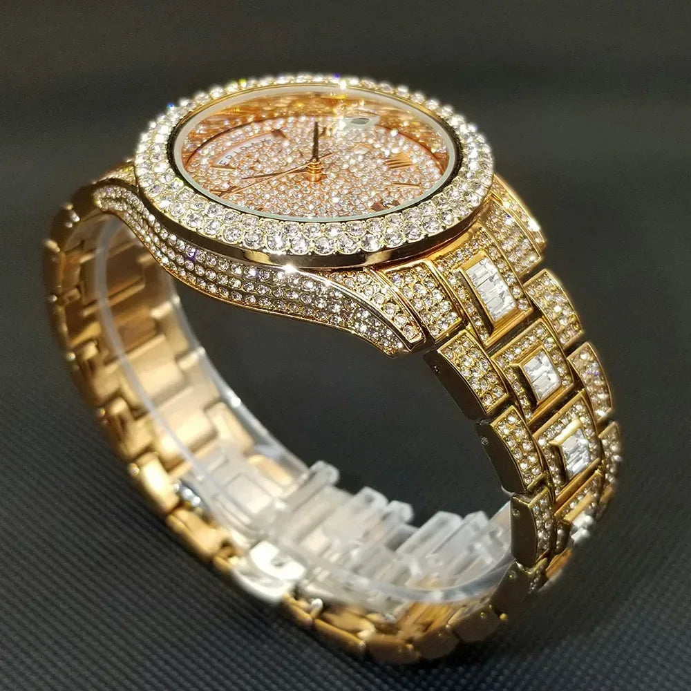 Luxury Day Date Iced Out Watch for Men | Hip Hop Rap Singer Wristwatch | West Coast Street Style Bling Jewelry Clock | Quartz Watch | Caratix - CaratixJewelry
