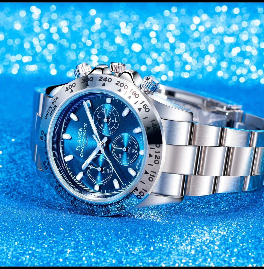 Luxury Three-Eye Men's Watch | Blue Dial Full Stainless Steel Iced Out Watch | Multifunctional Waterproof Quartz Clock | Caratix - CaratixJewelry