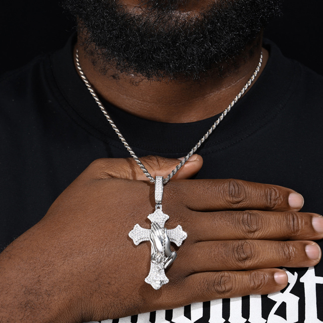The Power of Prayer Solid 925 Silver Prayer Hands Cross Pendant – Moissanite Diamond Hip Hop Jewelry