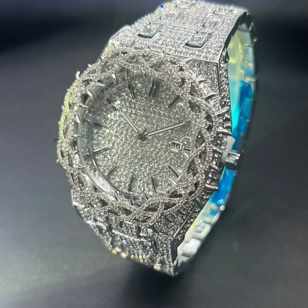 Cool Black Iced Out Watch for Men | Luxury Thorn Crown Quartz Watch | Hip Hop Wristwatch | Man Dropshipping | Caratix - CaratixJewelry