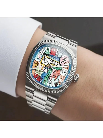 2026 New Square Men's Watch | Abstract Art Dial Luxury Iced Out Watch | Trendy Retro Niche Design | Silver Black Gold Street Style | Caratix - CaratixJewelry