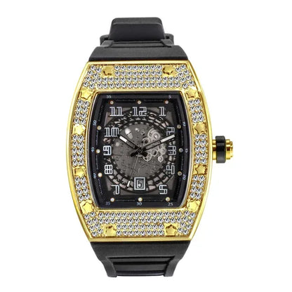 Luxury Tonneau Hollow Men's Watch | Gold Iced Out Watch with Rubber Strap | Unique Classic Waterproof Male Clock | Caratix - CaratixJewelry