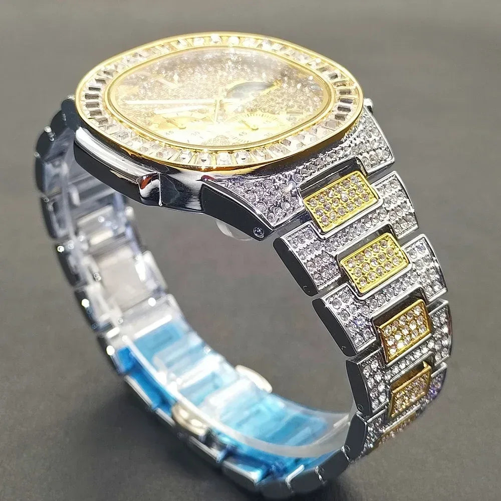 New Men's Bling Iced Out Watch | Luxury Quartz Wristwatch | Waterproof Luminous Calendar Mens Clock | Caratix - CaratixJewelry