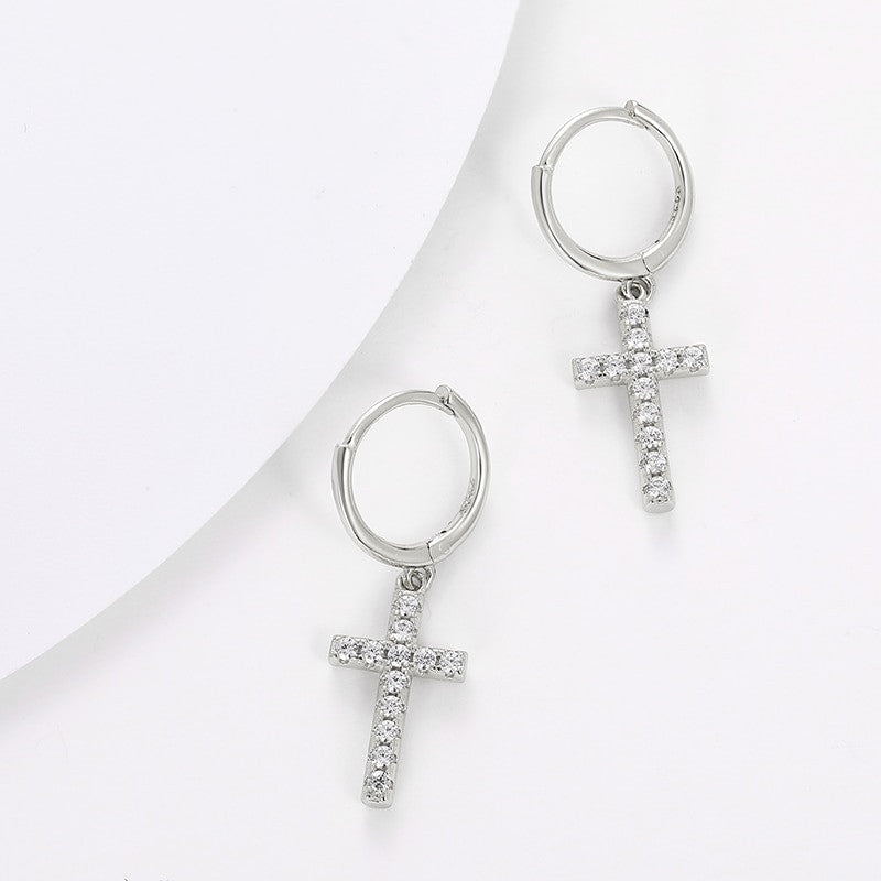 925 Sterling Silver VVS Diamond Hoop Cross Prong Earrings