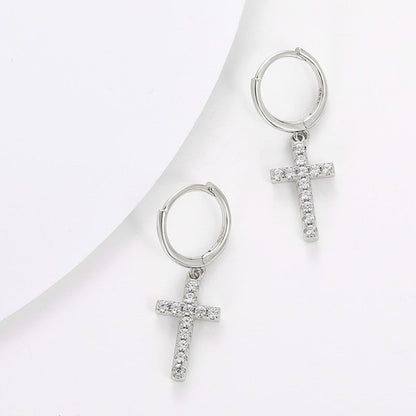 925 Sterling Silver VVS Diamond Hoop Cross Prong Earrings