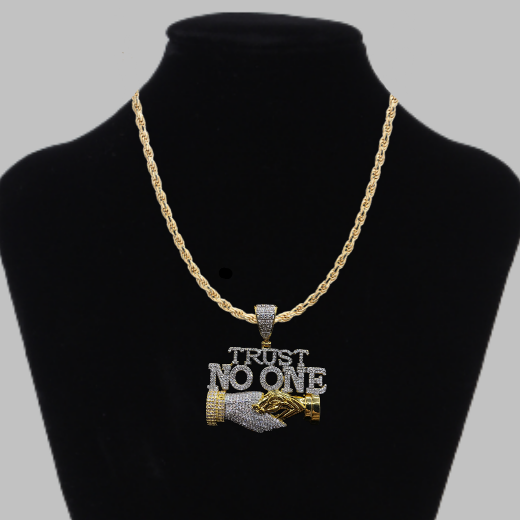 Trust No One Iced Out Letter Diamond Pendant Necklace – Custom Hip Hop Jewelry for Men