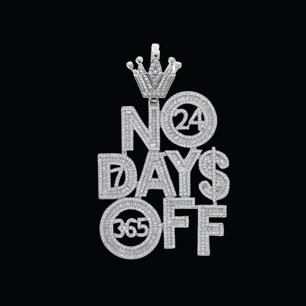 No Days OFF Crown Bail Iced Out Letter Diamond Pendant Necklace – Custom Hip Hop Jewelry for Men