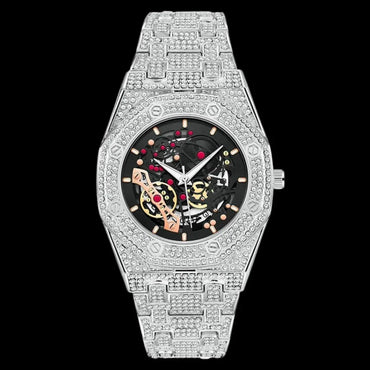 Skeleton Date Dial Iced Out Watch – Luxury Hip Hop Timepiece - CaratixJewelry