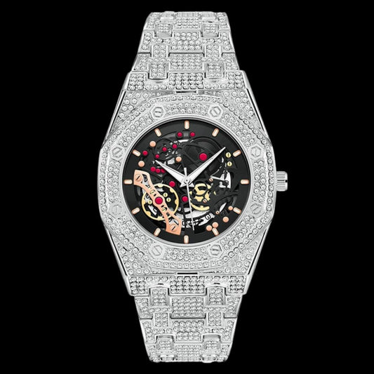 Skeleton Date Dial Iced Out Diamond Watch – Luxury Hip Hop Timepiece