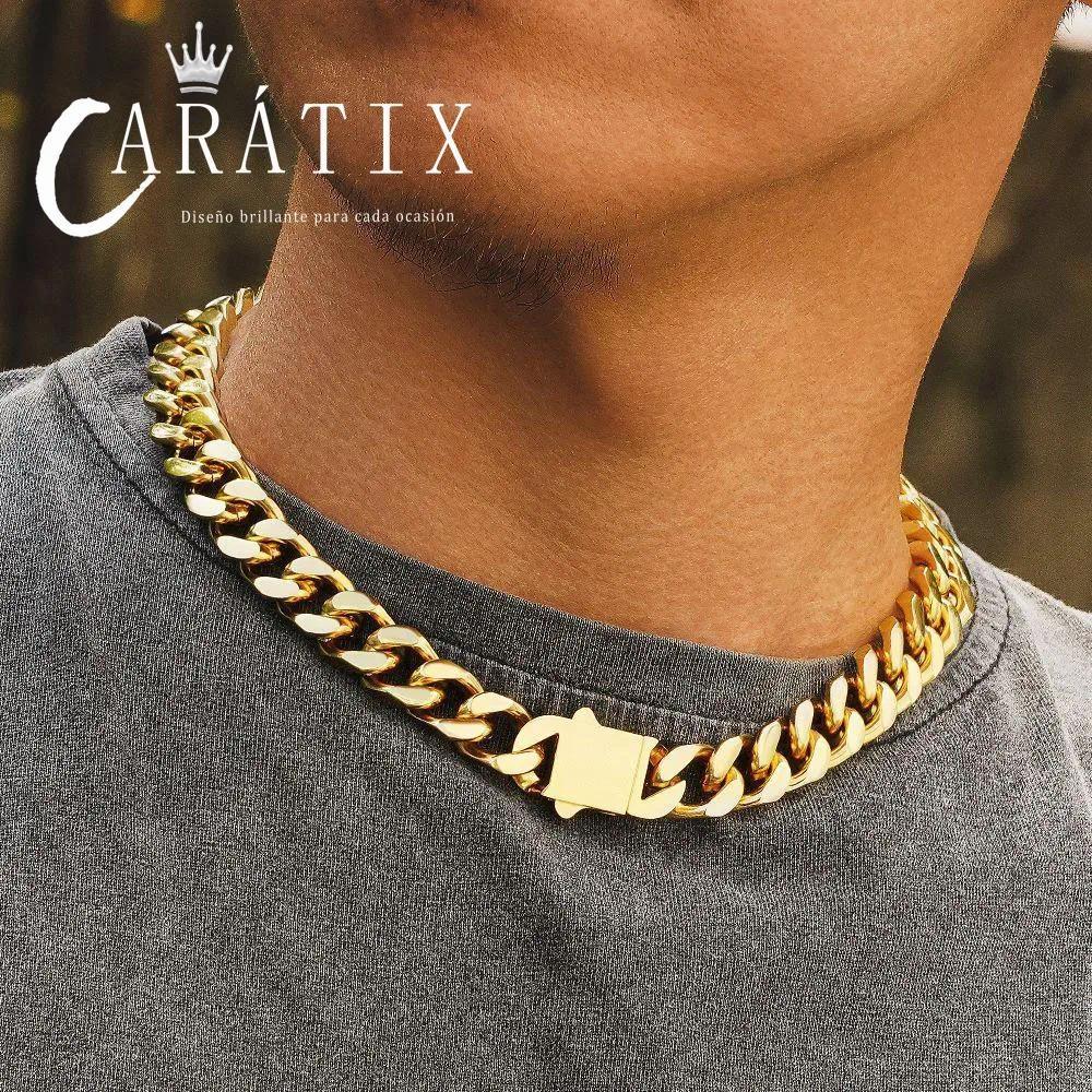 CARÁTIX - 8/10/12/14MM Men's Stainless Steel Chain 4-Sided Cut Hip-Hop Cool Style Jewelry Solid Color Golden Miami Cuban Necklace Valentine's Day Gift for Men & Girls & Boys Mothers' Day Gift #Springtok