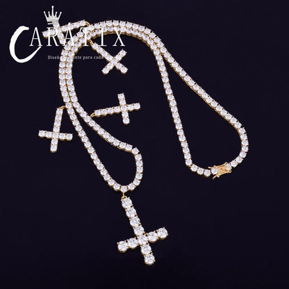 CARÁTIX Zircon Cross Pendant Necklace – Golden Hip Hop Chain Jewelry for Men & Women