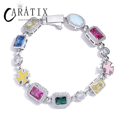 CARÁTIX -  10mm Custom Multi Color Enamel Bling Cz Stone Chain Silver Geometric Gemstone Motif  Chain Necklace Valentine's Day Gift for Men & Girls & Boys Mothers' Day Gift #Springtok