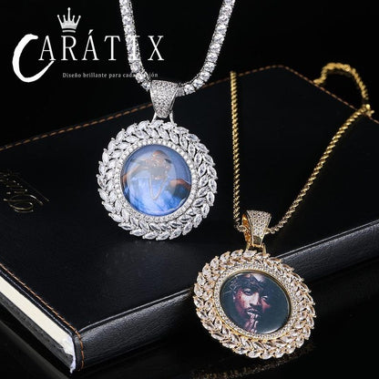Personalized Wheat Circle Photo Pendant Necklace - Custom Hip Hop Iced Out Copper Zircon Picture Frame Jewelry for Men & Women - Memorial Gift