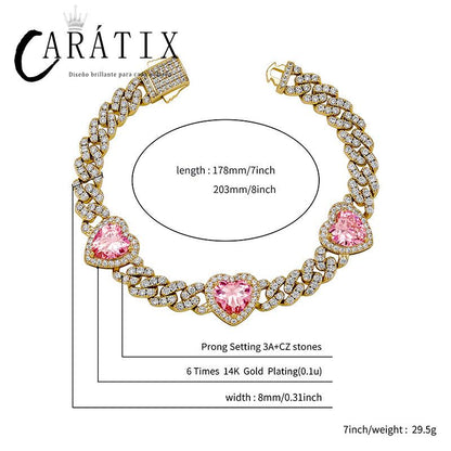 CARÁTIX Heart Cuban Link Chain Necklace – Claw Setting Zircon Iced Out Hip Hop Bling Jewelry for Men | Rapper Gift