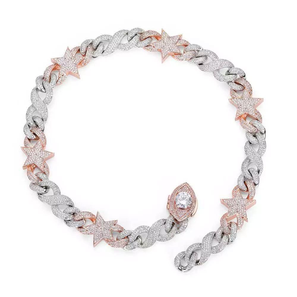 CARÁTIX Two-Tone Pink & Silver Star Cuban Link Chain Necklace – Eye Clasp Iced Out Hip Hop Luxury Choker Jewelry | Party Gift