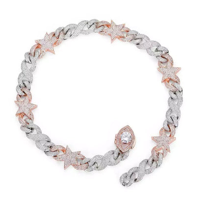 CARÁTIX Two-Tone Pink & Silver Star Cuban Link Chain Necklace – Eye Clasp Iced Out Hip Hop Luxury Choker Jewelry | Party Gift