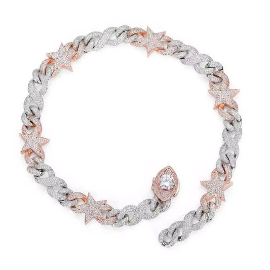 CARÁTIX Two-Tone Pink & Silver Star Cuban Link Chain Necklace – Eye Clasp Iced Out Hip Hop Luxury Choker Jewelry | Party Gift