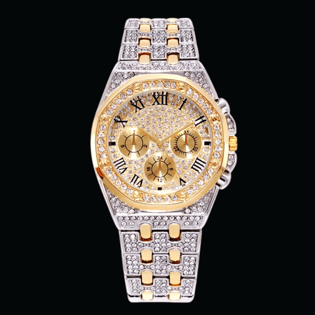 Chronograph Roman Numerals Iced Out Diamond Watch – Luxury Hip Hop Timepiece