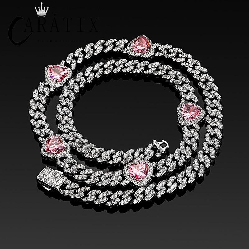 CARÁTIX Heart Cuban Link Chain Necklace – Claw Setting Zircon Iced Out Hip Hop Bling Jewelry for Men | Rapper Gift